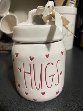 Rae Dunn artisan collection Valentines Ceramic 'HUGS' Jar with Red Hearts
